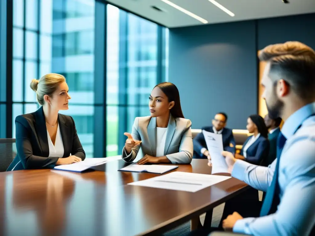 Profesionales en intensa discusión por litigio de marcas, reflejando preocupación y determinación en una moderna oficina