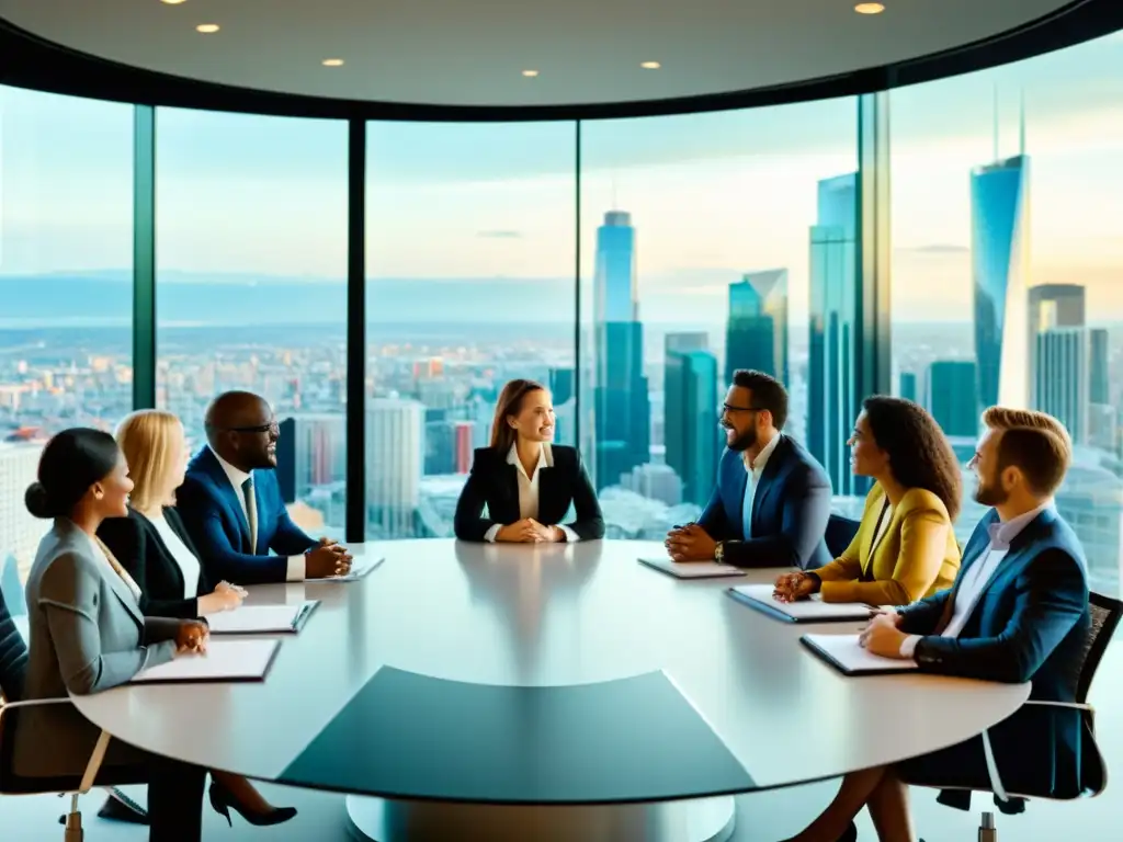 Profesionales internacionales debatiendo sobre derechos de autor en empresas internacionales, en una sala moderna con vista a la ciudad