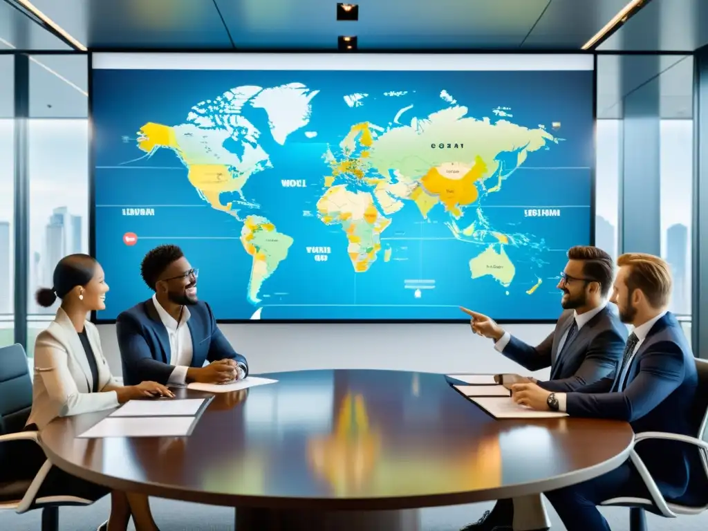 Profesionales internacionales discuten renovación marcas en sala moderna con mapa mundial en pantalla