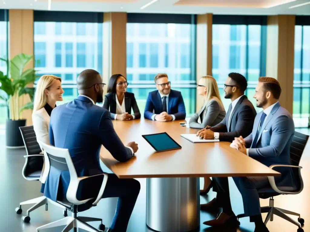 Profesionales internacionales en una mesa de conferencias moderna, discutiendo con confianza sobre el proceso objeción marca internacional