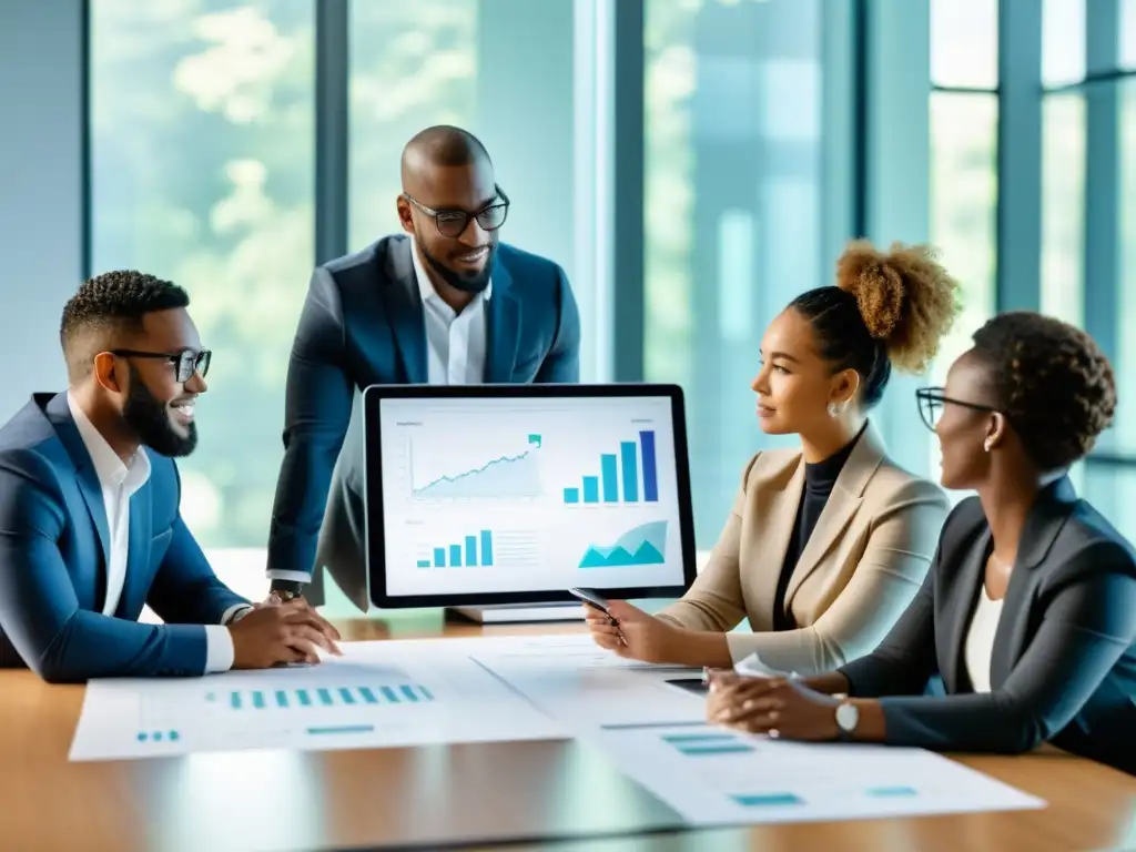 Estrategias de Patentes para Startups de AI: Reunión Profesional Profesionales jóvenes colaboran en estrategias para startups de IA en una sala moderna y luminosa
