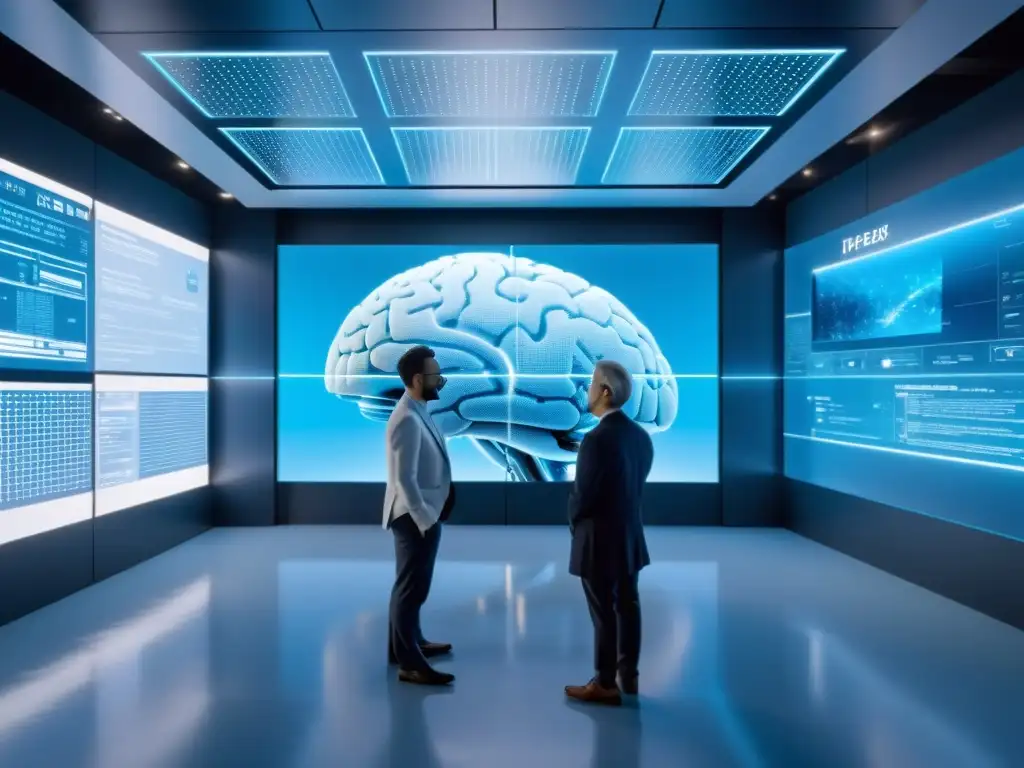 Profesionales discuten protección legal para simulaciones de IA en sala futurista de neuroredes y visualizaciones de datos en pantalla transparente