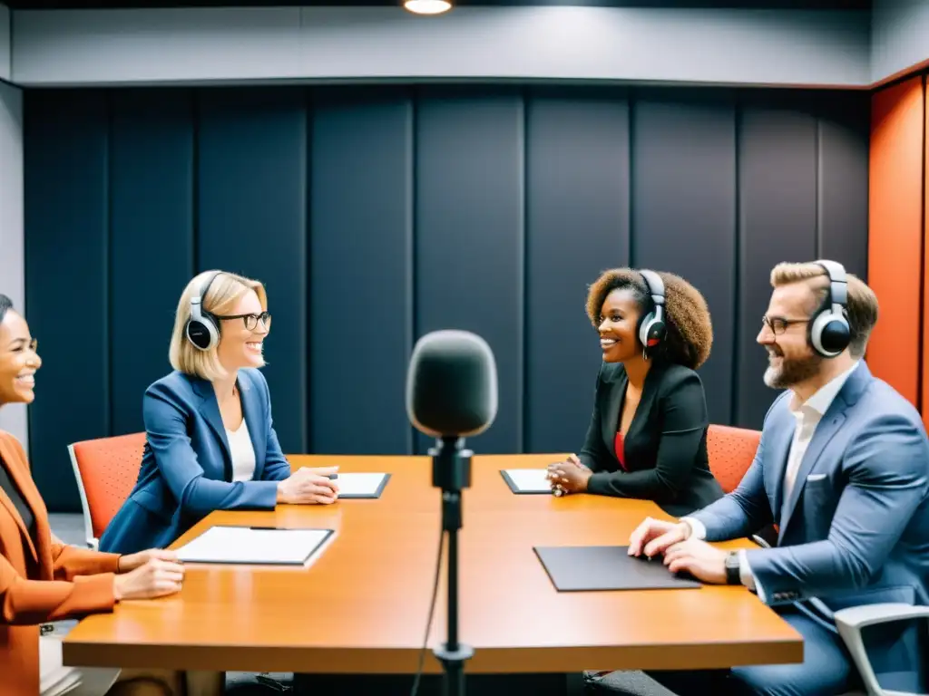 Profesionales debaten leyes de propiedad intelectual en estudio moderno, reflejando impacto del podcasting en la legislación