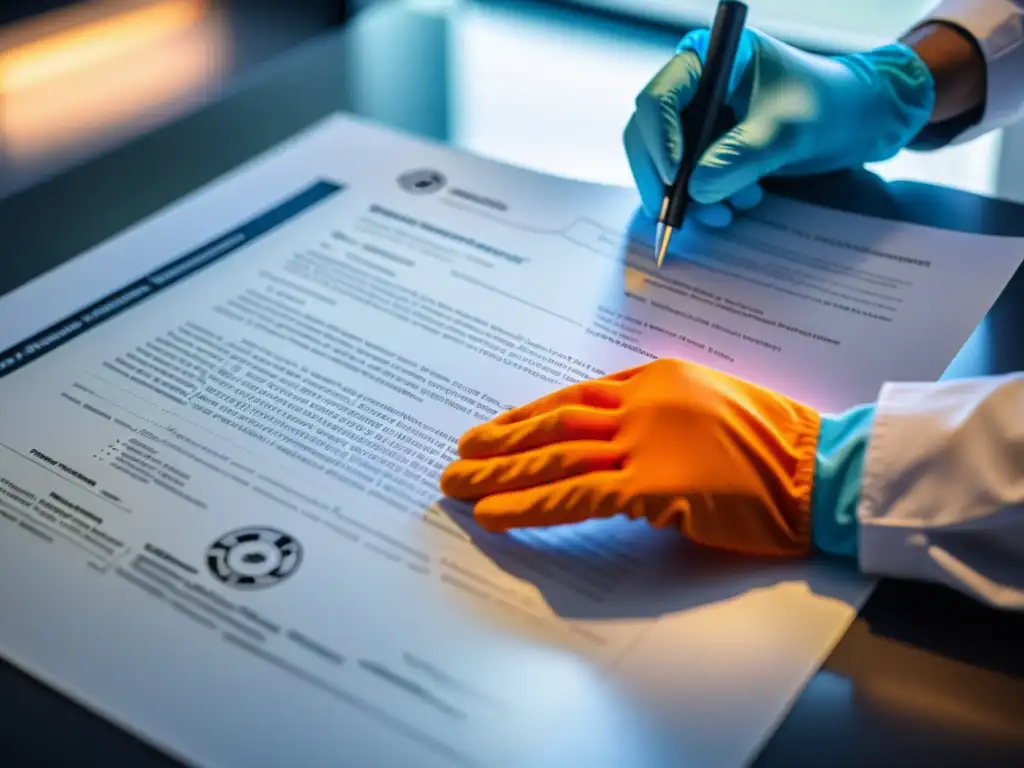 Profesionales firmando licenciamiento de patentes en nano tecnología en una oficina moderna, destacando la delicadeza y precisión del proceso