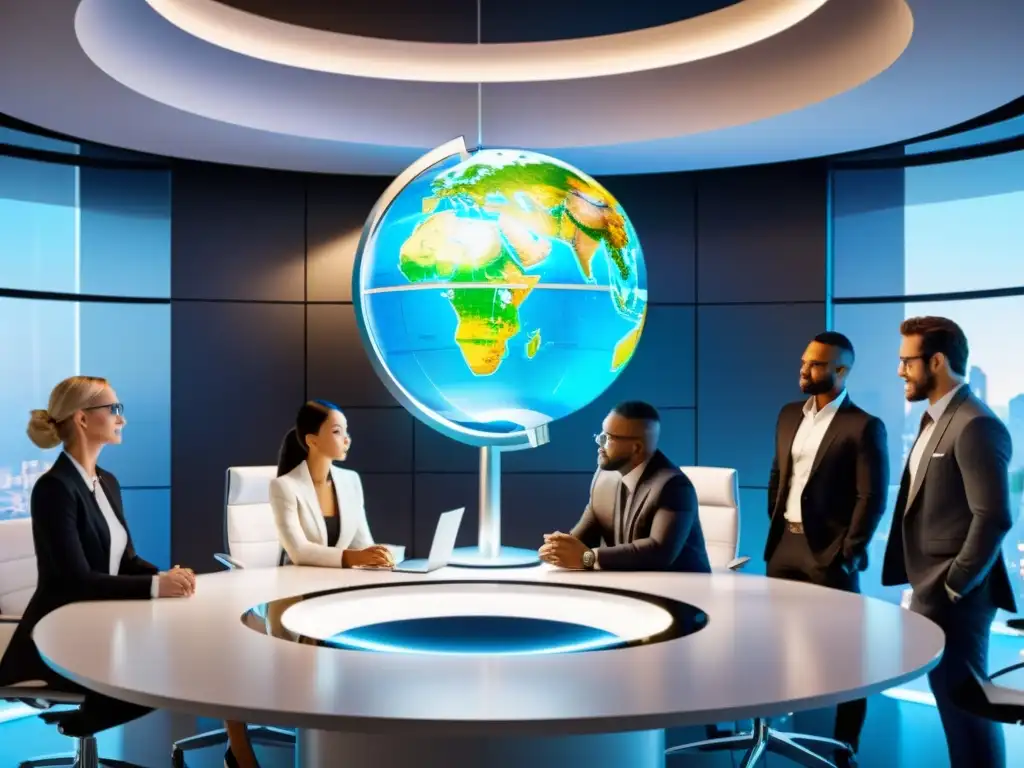 Profesionales discuten protección de marcas a nivel mundial en una oficina moderna y colaborativa con un globo terráqueo en el escritorio
