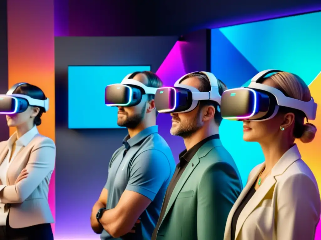 Profesionales usan marcas en realidad virtual, interactúan con logos y productos en ambiente futurista y colores vibrantes