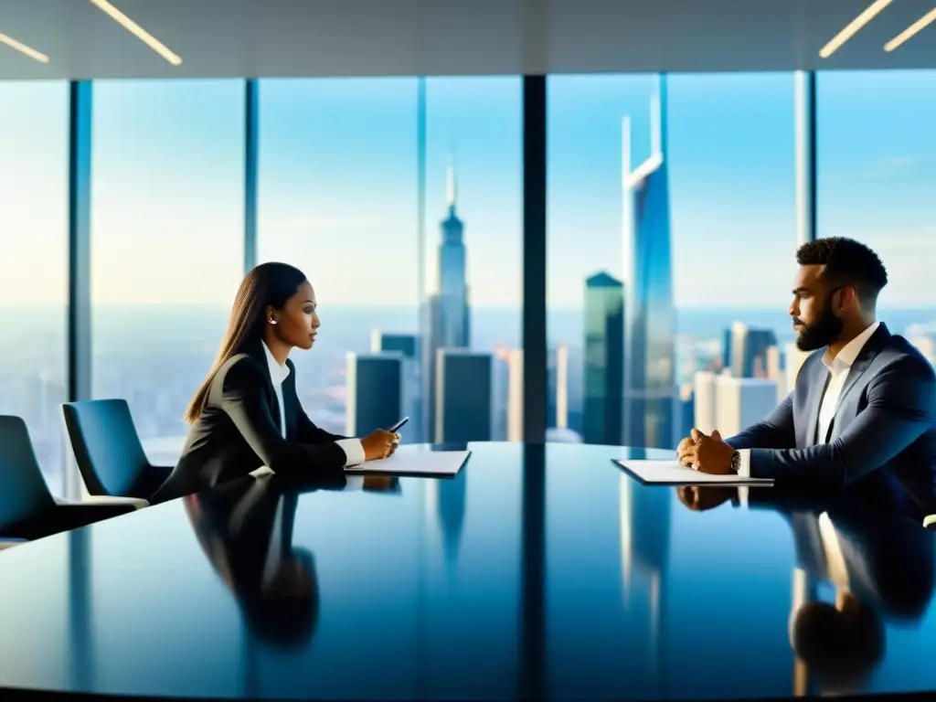 Dos profesionales en una mesa de conferencias, discutiendo un contrato