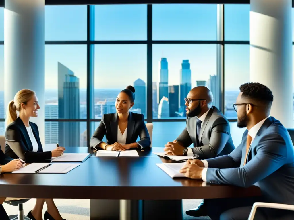 Profesionales en mesa de reuniones, revisando contratos en una oficina moderna con vista a la ciudad