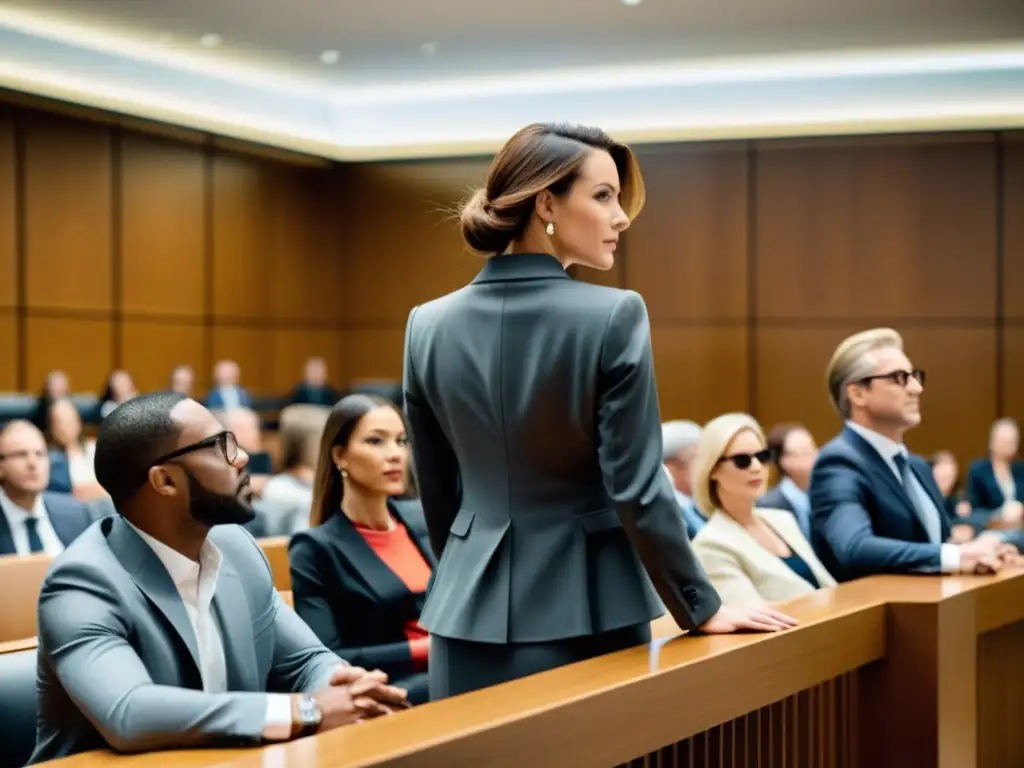 Profesionales de la moda y abogados debaten en una sala de audiencias, reflejando la complejidad de los procesos legales en la industria de la moda