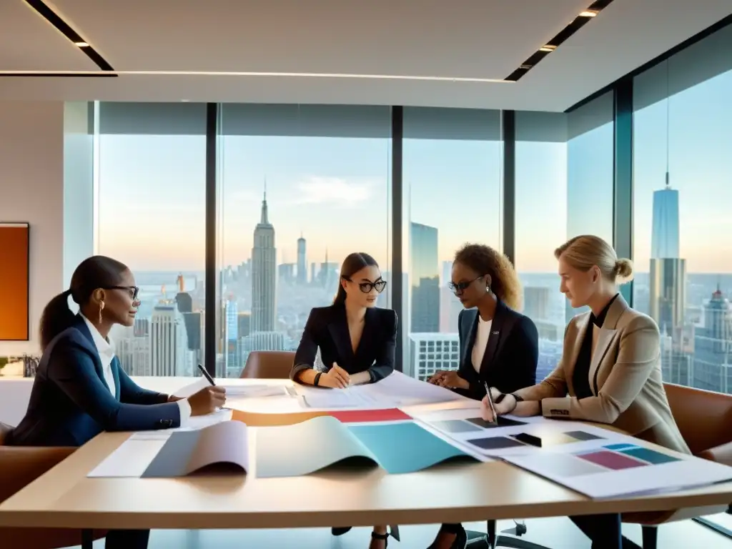 Conversión creativa: diseñadores y abogados discuten marcas de moda Profesionales de la moda y del derecho discuten registro marca moda extranjero en oficina moderna con vista a la ciudad