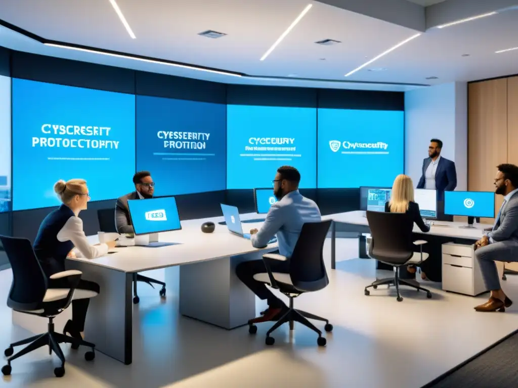 Profesionales colaborando en moderna oficina, con pantallas mostrando conceptos de ciberseguridad y protección de propiedad intelectual, en sesión de lluvia de ideas
