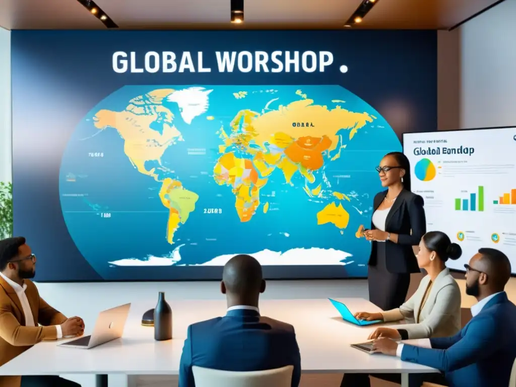 Profesionales diversos colaboran en un moderno taller de branding global, con un mapa mundial de fondo