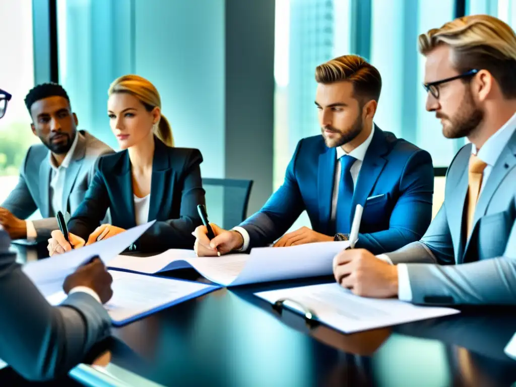 Profesionales de negocios firmando acuerdos de no divulgación en una mesa moderna