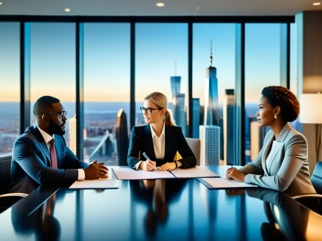 Profesionales de negocios discuten estrategias de integración propiedad intelectual en una sala de reuniones con vista a la ciudad