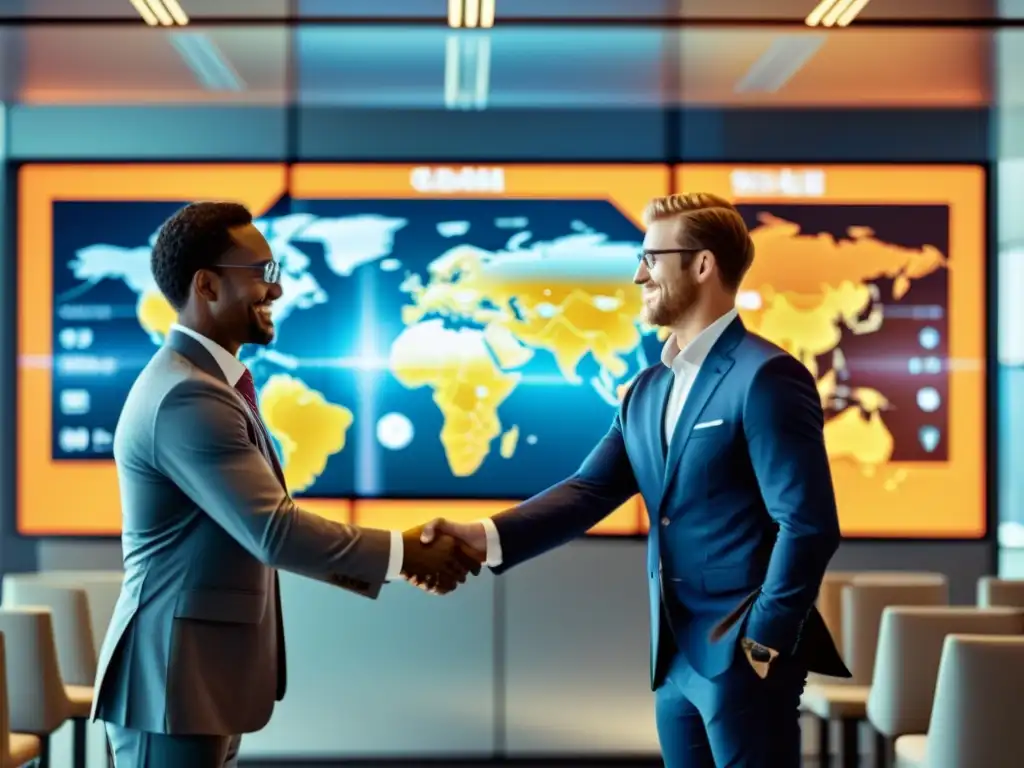 Profesionales de negocios internacionales se dan la mano en una oficina moderna, con pantallas digitales mostrando símbolos de comercio internacional y propiedad intelectual en el fondo