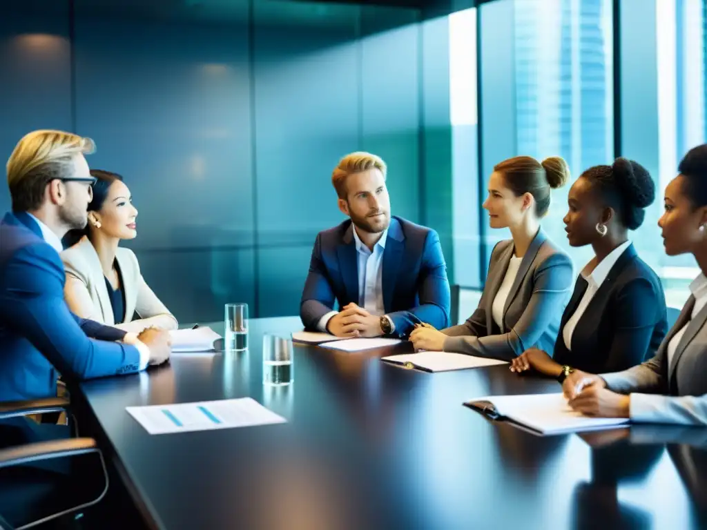 Profesionales de negocios internacionales debaten en una moderna sala de reuniones