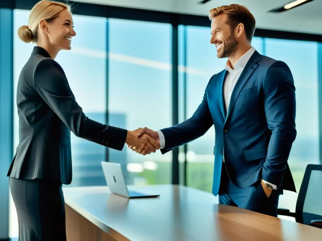 Dos profesionales de negocios se estrechan las manos en una oficina contemporánea, transmitiendo confianza y profesionalismo