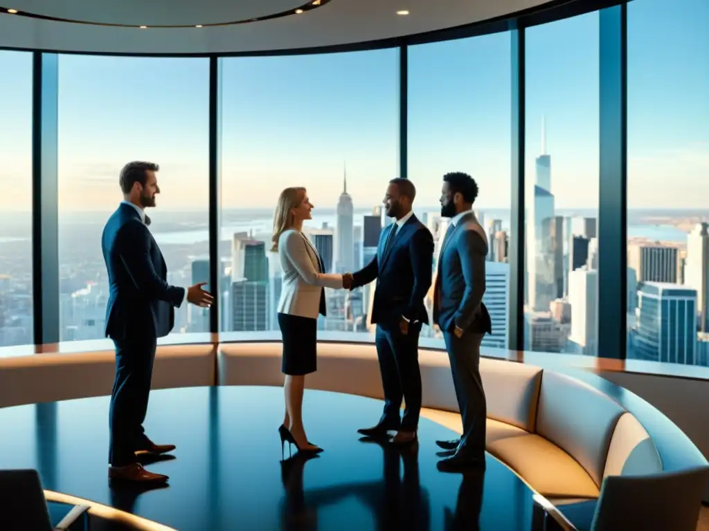 Profesionales de negocios se saludan en una moderna sala de juntas con vista a la ciudad