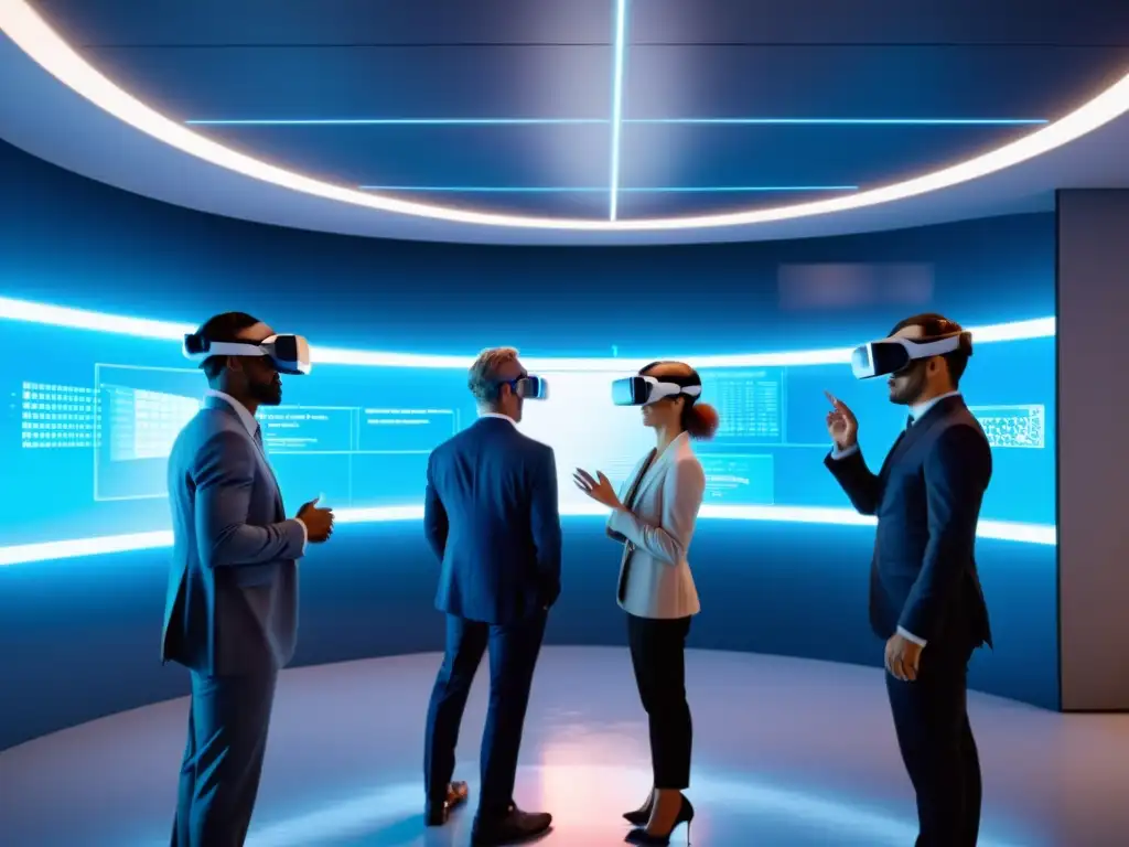 Profesionales en oficina futurista discuten estrategias en realidad virtual, destacando la protección de la propiedad intelectual