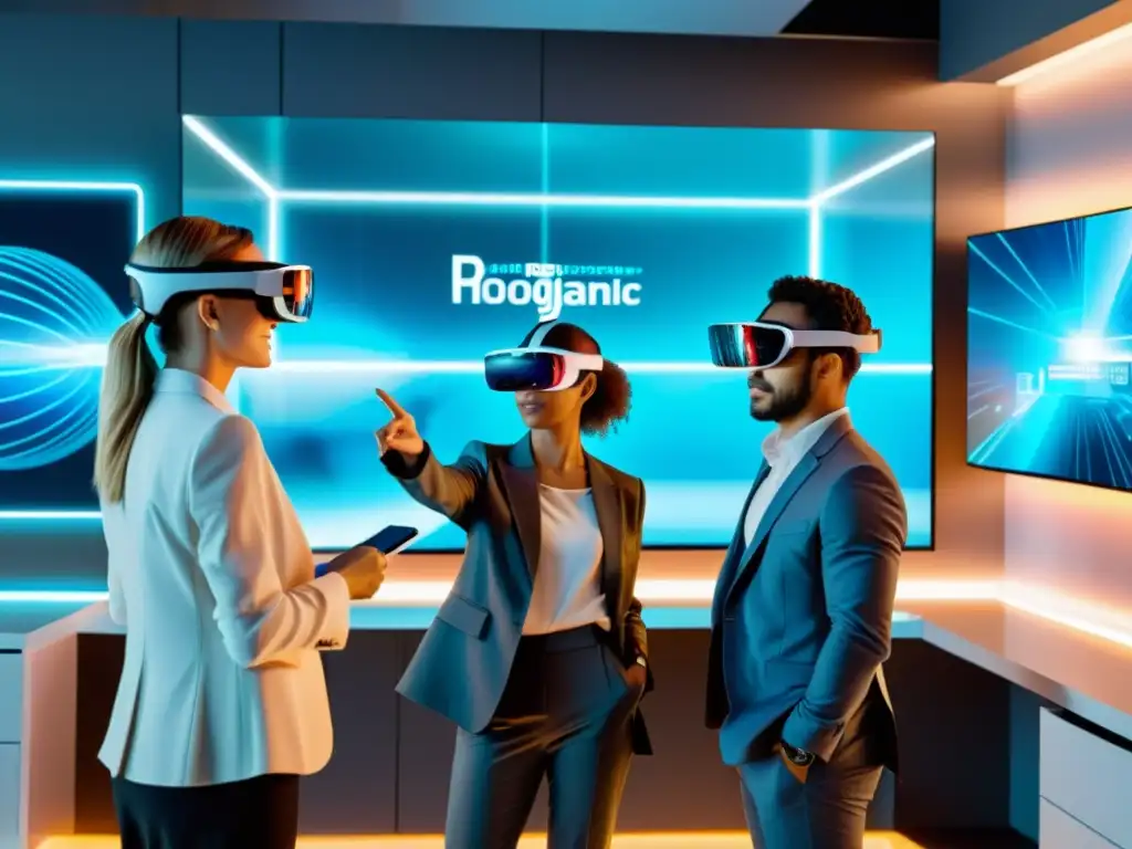 Profesionales en oficina futurista usando realidad aumentada para aspectos legales contratos realidad virtual