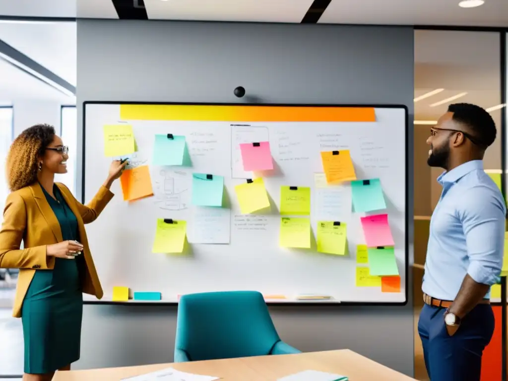 Profesionales colaboran en una oficina moderna, brainstorming con ideas creativas en el whiteboard