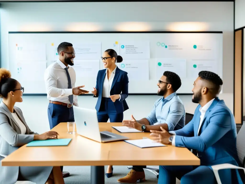 Profesionales debaten en oficina moderna sobre licencias código abierto propiedades intelectuales