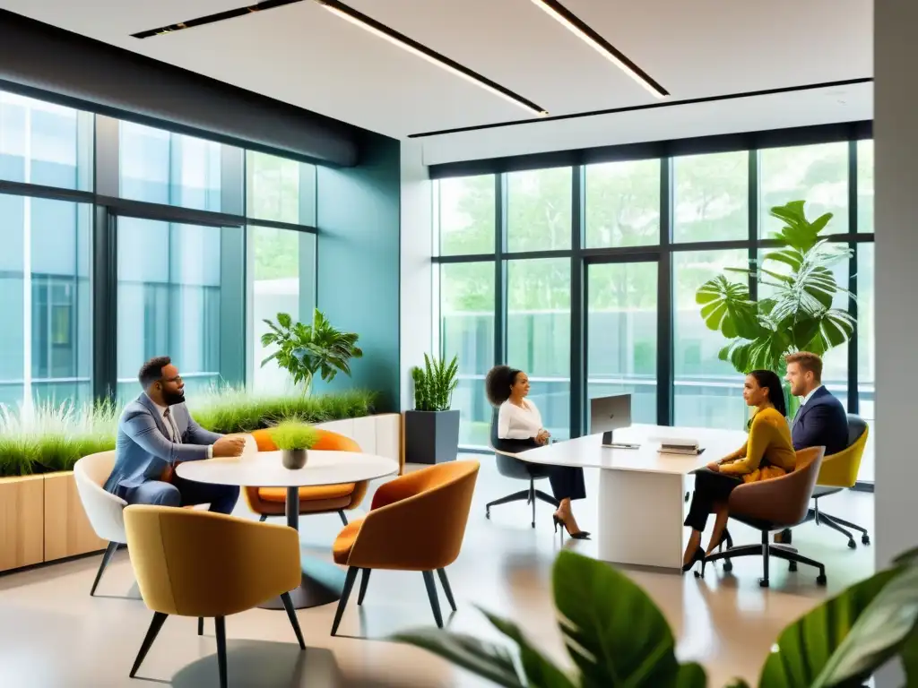 Profesionales colaborando en una oficina moderna, con luz natural y ambiente inclusivo