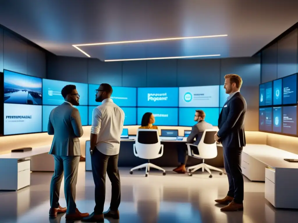 Profesionales colaborando en oficina moderna con tecnología futurista