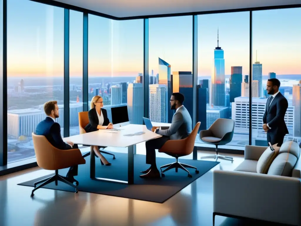 Profesionales colaborando en una oficina moderna con ventanas panorámicas y vista a la ciudad