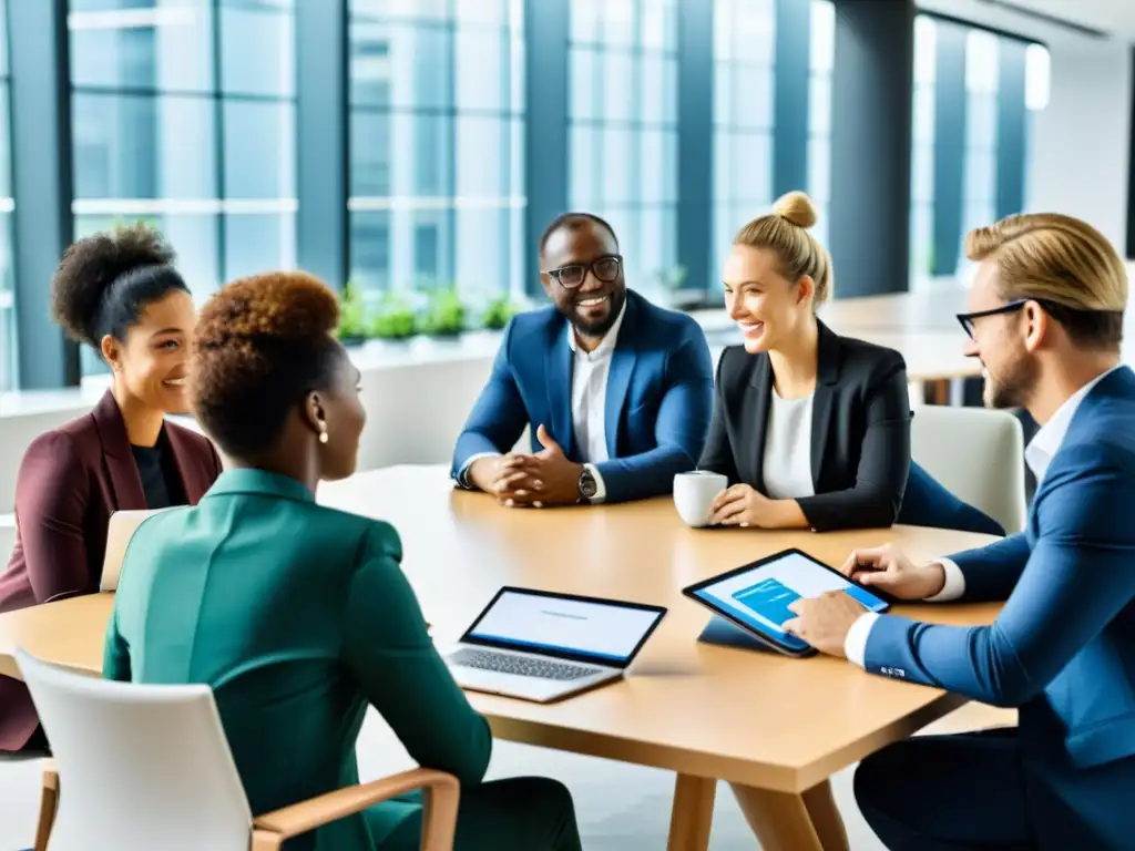 Profesionales de diferentes países colaboran en una animada discusión sobre propiedad intelectual en un espacio de oficina moderno y dinámico