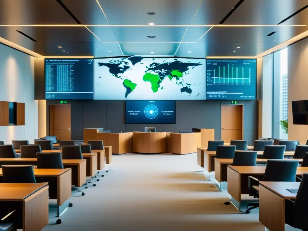 Moderno tribunal con discusión legal intensa y ética profesional Profesionales discuten patentes y sostenibilidad en moderna sala de tribunal, con diseño minimalista e iluminación natural