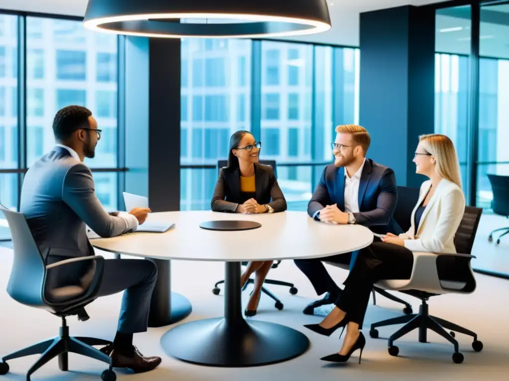 Profesionales debaten sobre poder económico y propiedad intelectual en un moderno entorno laboral con tecnología avanzada y decoración minimalista