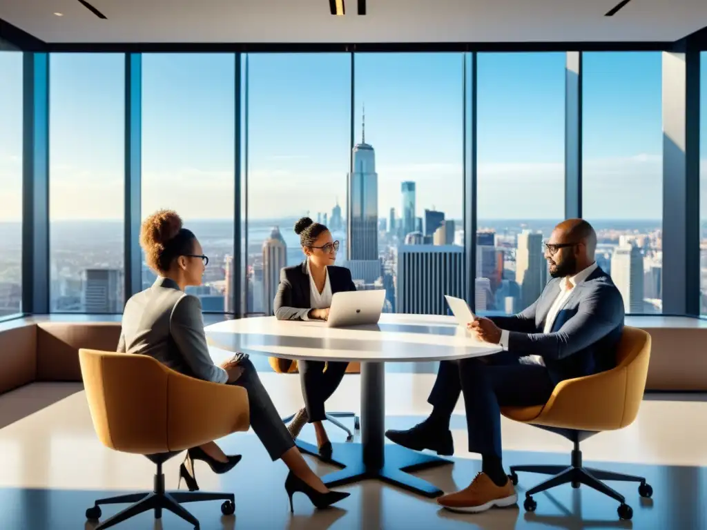 Profesionales colaborando en proyecto digital, brainstorming en oficina moderna con vista a la ciudad