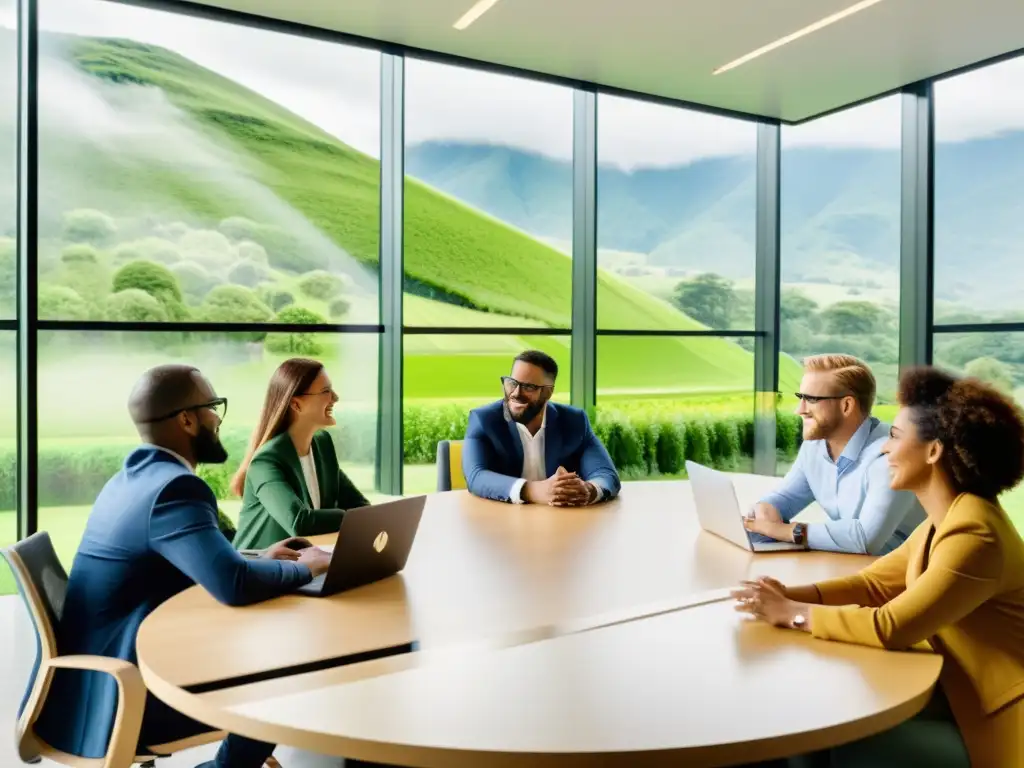 Profesionales colaborando en proyecto de marca sostenible, discutiendo estrategias ecofriendly