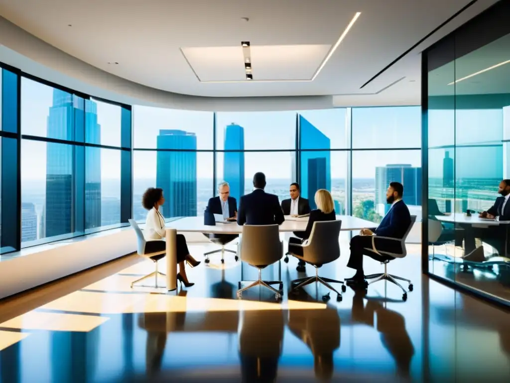 Profesionales debaten reformas ley marcas estrategia comercial en moderna oficina con tecnología punta y atmósfera profesional