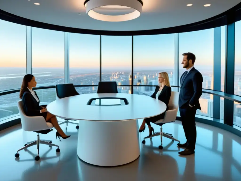 Profesionales en una reunión de auditoría de marca en una oficina moderna con vista a la ciudad