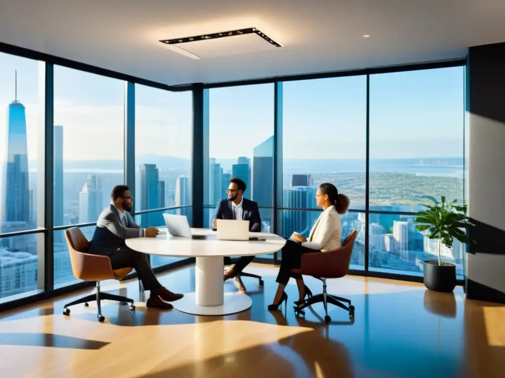 Profesionales colaborando en una reunión dinámica en una oficina moderna con vista a la ciudad