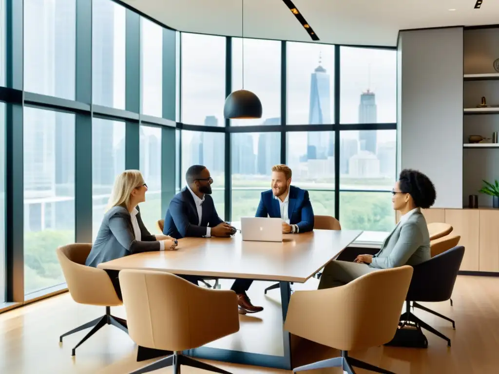 Profesionales colaboran en una reunión global en una sala moderna