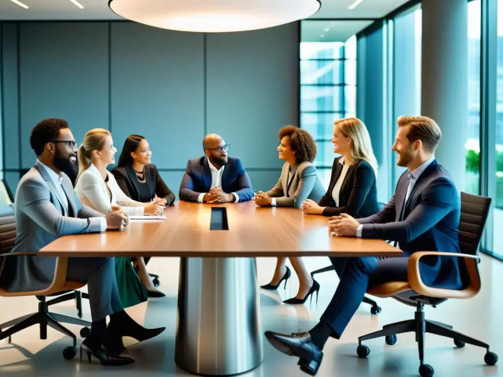 Profesionales en reunión de negocios en un espacio moderno y luminoso