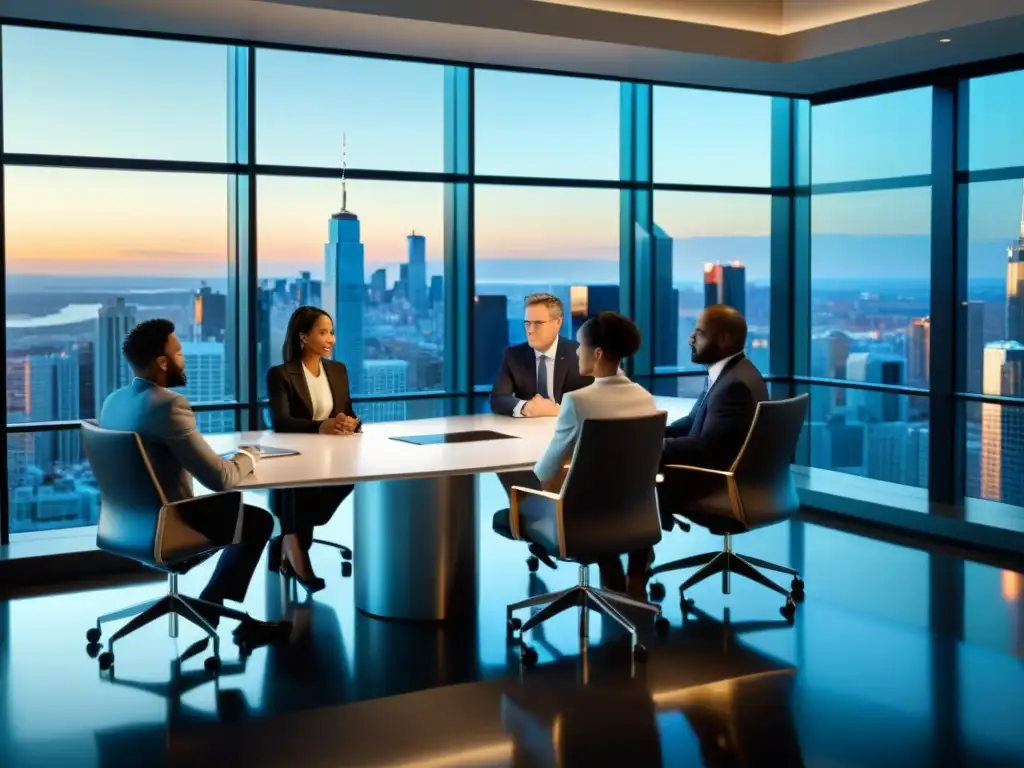 Reunión de Profesionales en Boardroom CPTPP Profesionales en reunión de propiedad intelectual en el CPTPP en sala de junta moderna con vista a la ciudad