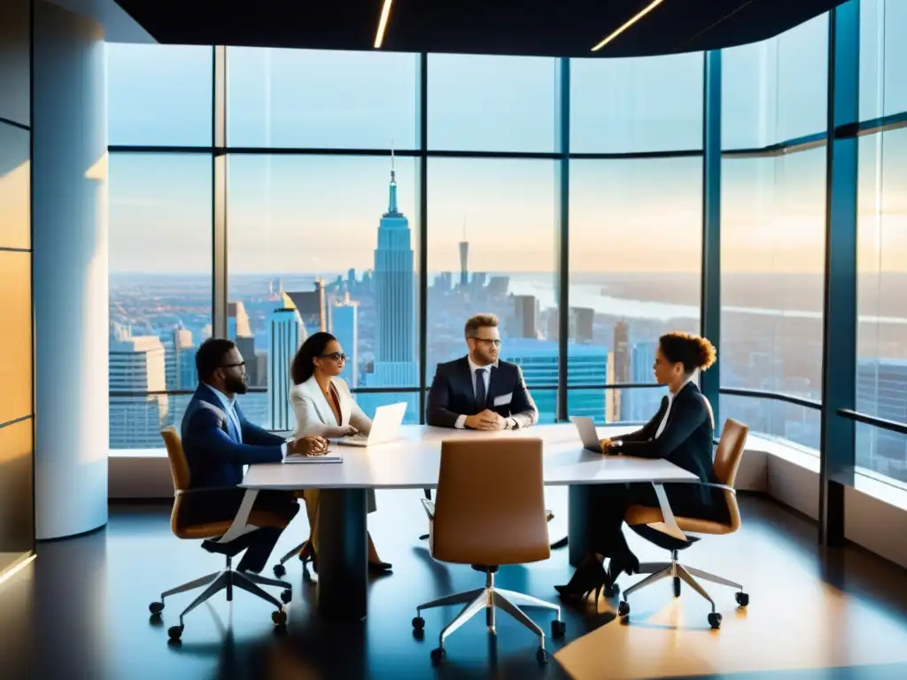 Profesionales colaborando en una sala de conferencias futurista, resaltando la importancia del compliance en propiedad intelectual