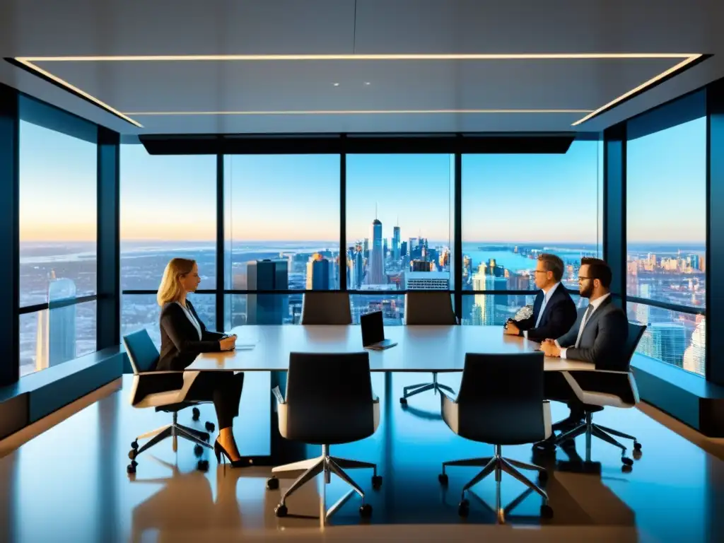 Profesionales colaborando en una sala de conferencias moderna con vista a la ciudad