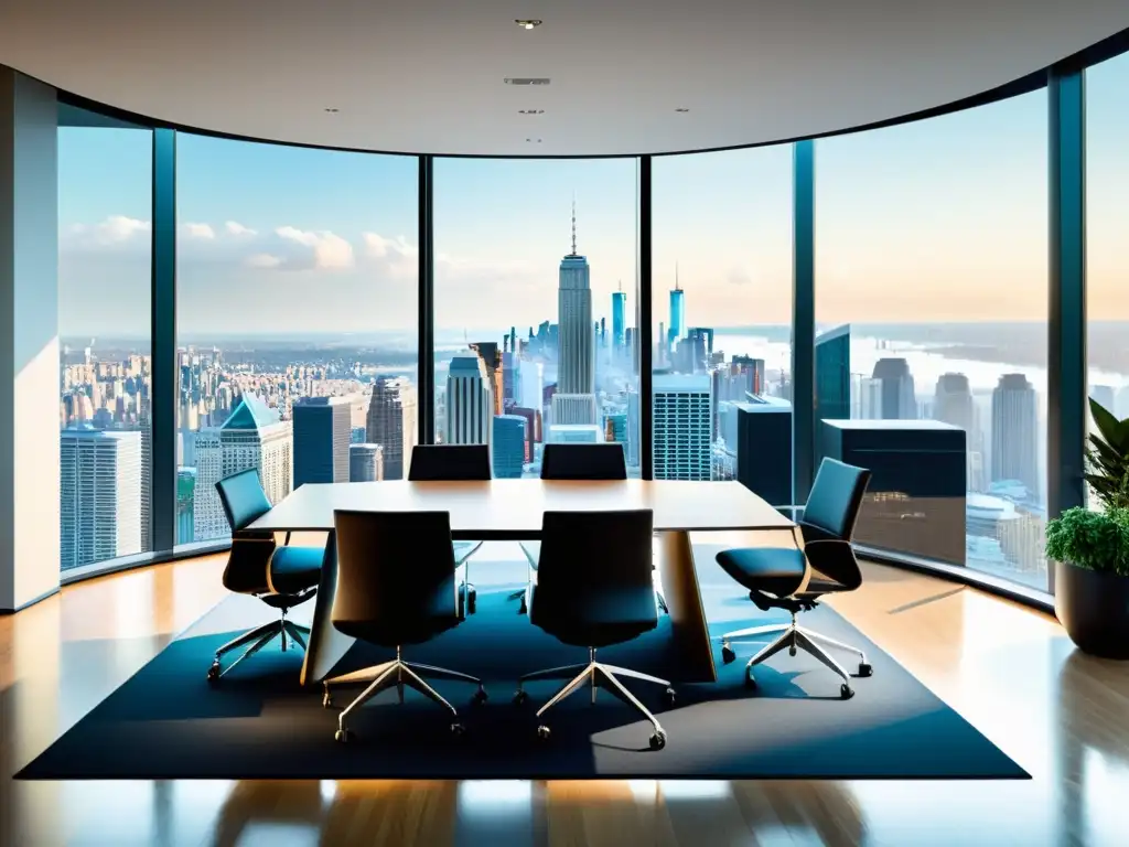 Profesionales en sala de conferencias moderna con vista a la ciudad, maximizando valor en propiedad intelectual