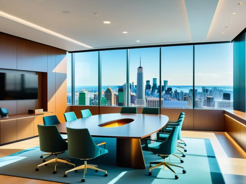 Profesionales debatiendo en sala de conferencias con vista panorámica a la ciudad