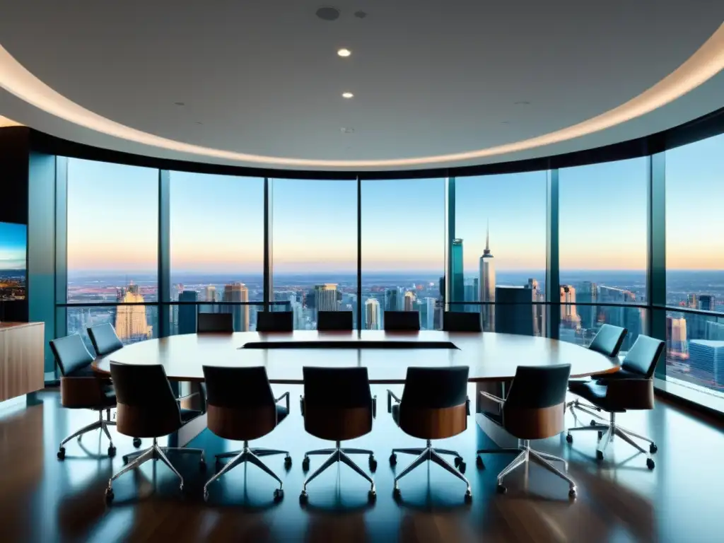 Diversos profesionales en una sala de juntas moderna, realizando Due Diligence de PI en Fusiones, con una vista panorámica de la ciudad
