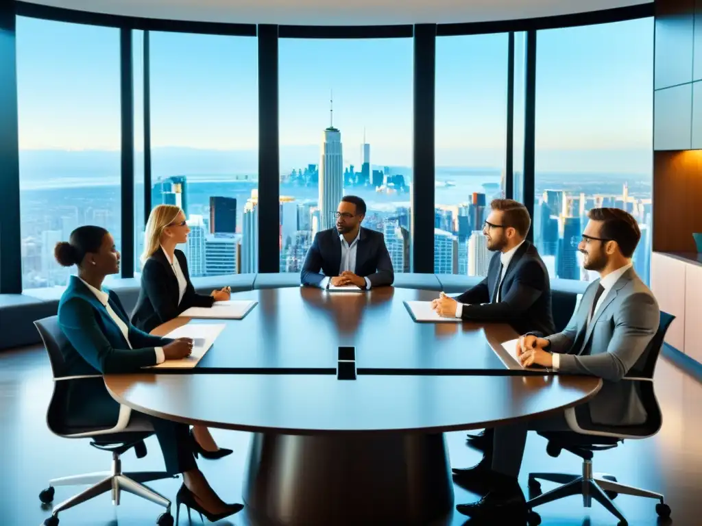 Profesionales debatiendo en una sala moderna con vista a la ciudad