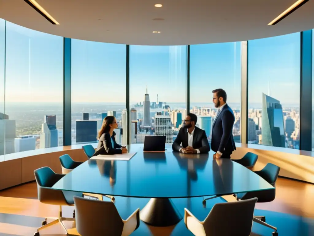 Profesionales en sala de reuniones moderna, mediación de patentes en ambiente sereno con vista a la ciudad