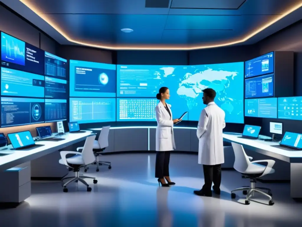 Profesionales de la salud en un laboratorio digital de vanguardia con tecnología médica futurista y colaboración innovadora