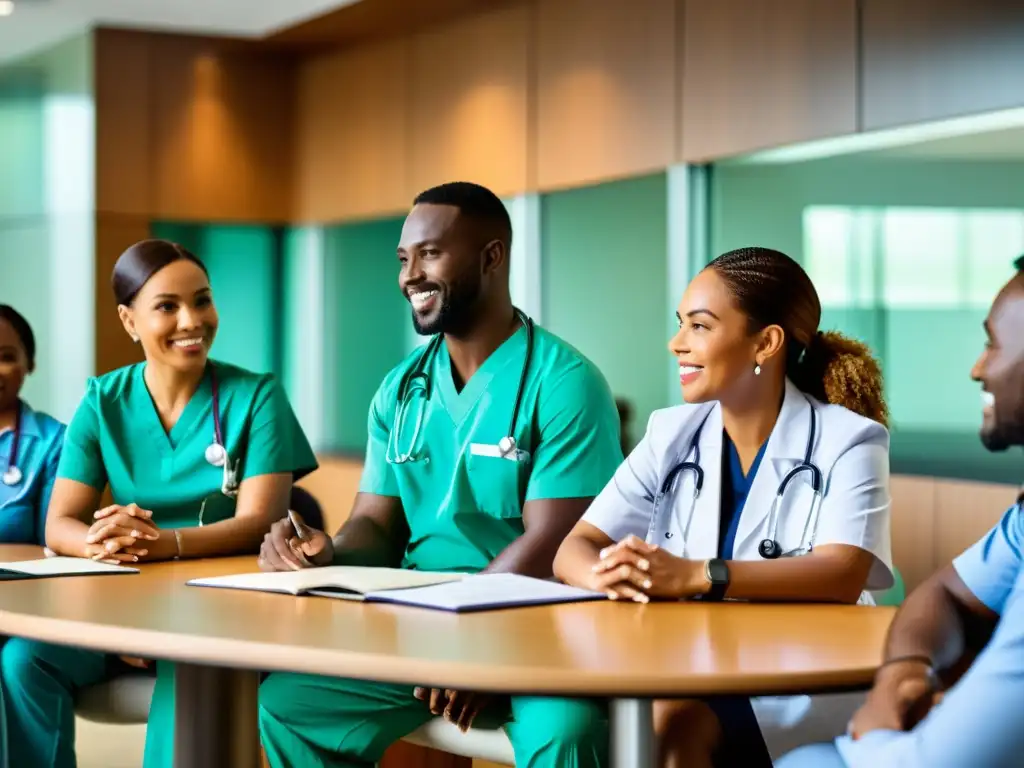 Equipo médico diverso discute tratamientos en hospital moderno Profesionales de la salud en sala de conferencias moderna, discutiendo acceso a medicamentos vitales en países en desarrollo