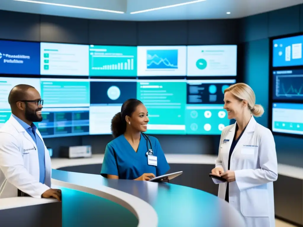 Profesionales de la salud colaborando en tecnología digital en un centro médico moderno, mostrando innovadoras soluciones de salud